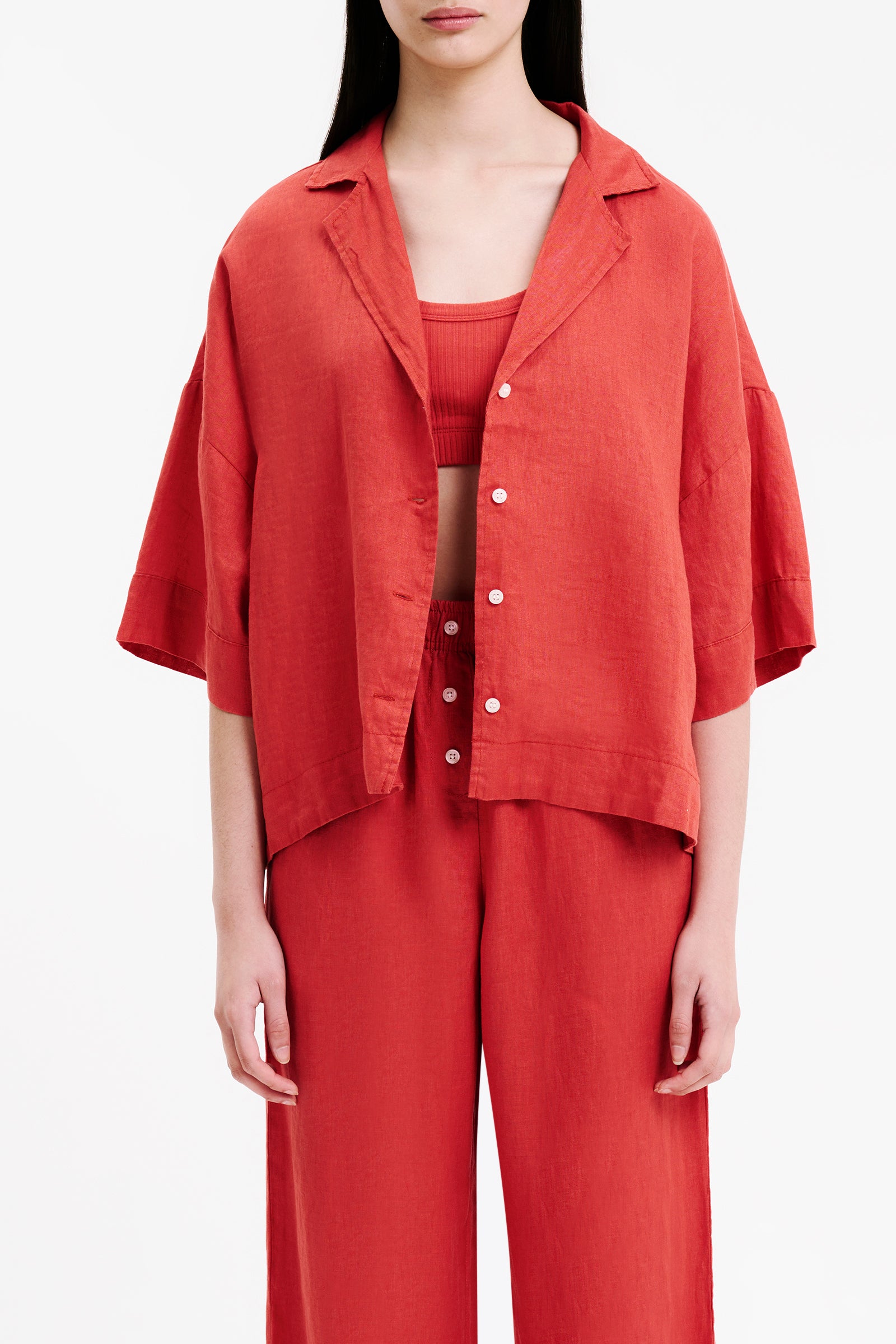 Nude Lucy Lounge Linen Shirt In A Pink & Orange Toned Coral Colour 