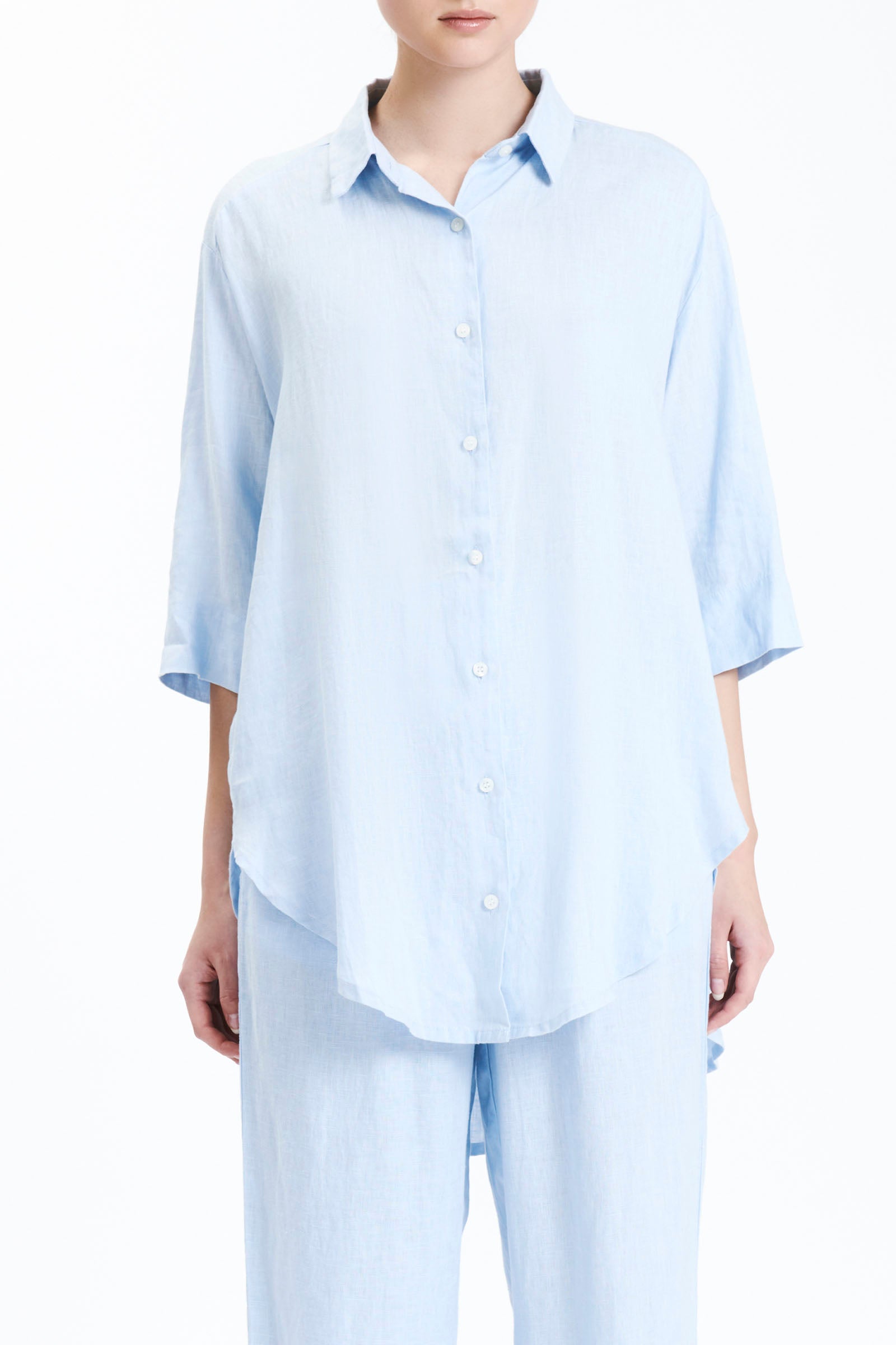 Nude Lucy Lounge Linen Longline Shirt In A Blue Sky Colour 