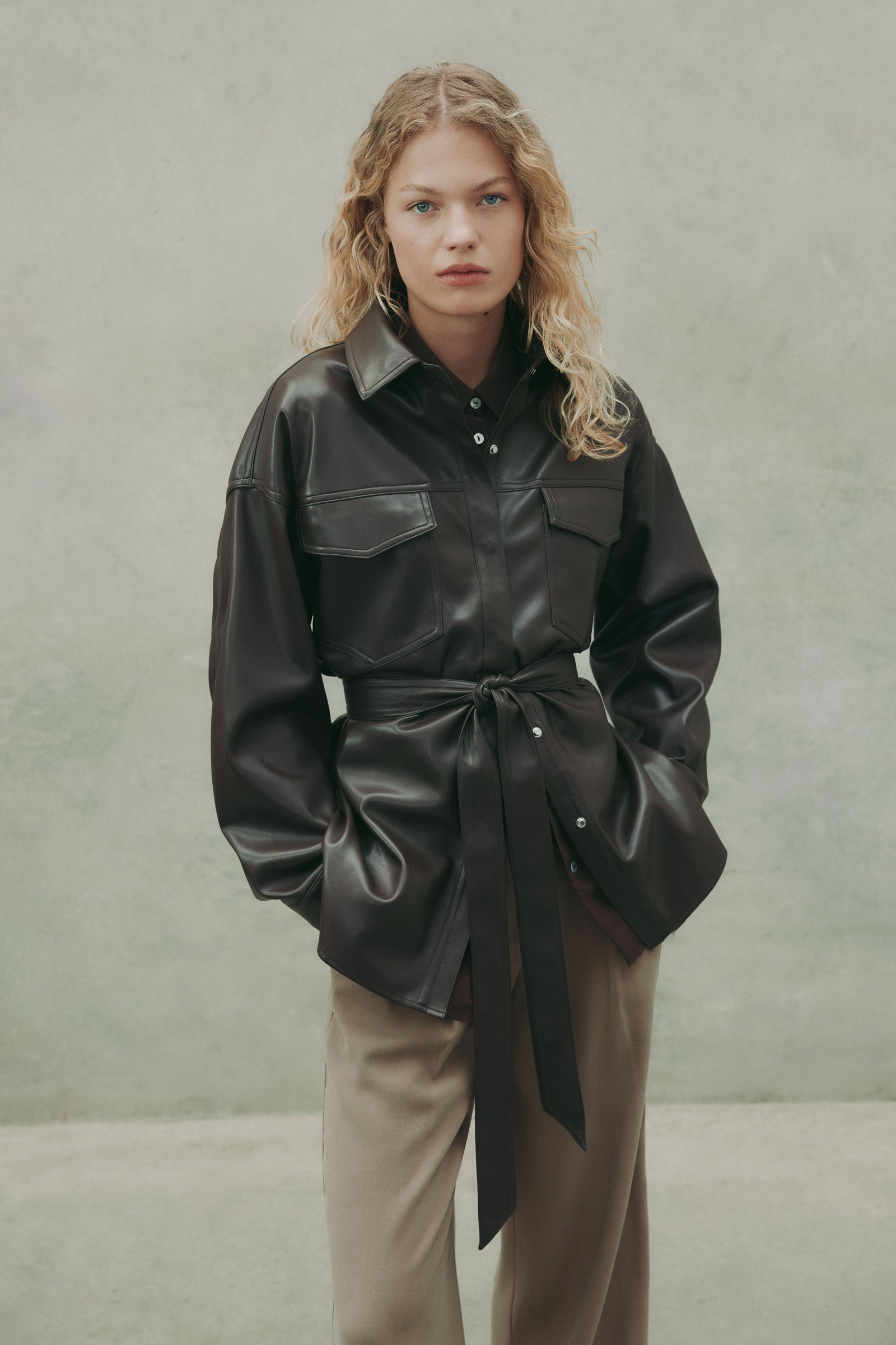 Camille Vegan Leather Overshirt Raisin 