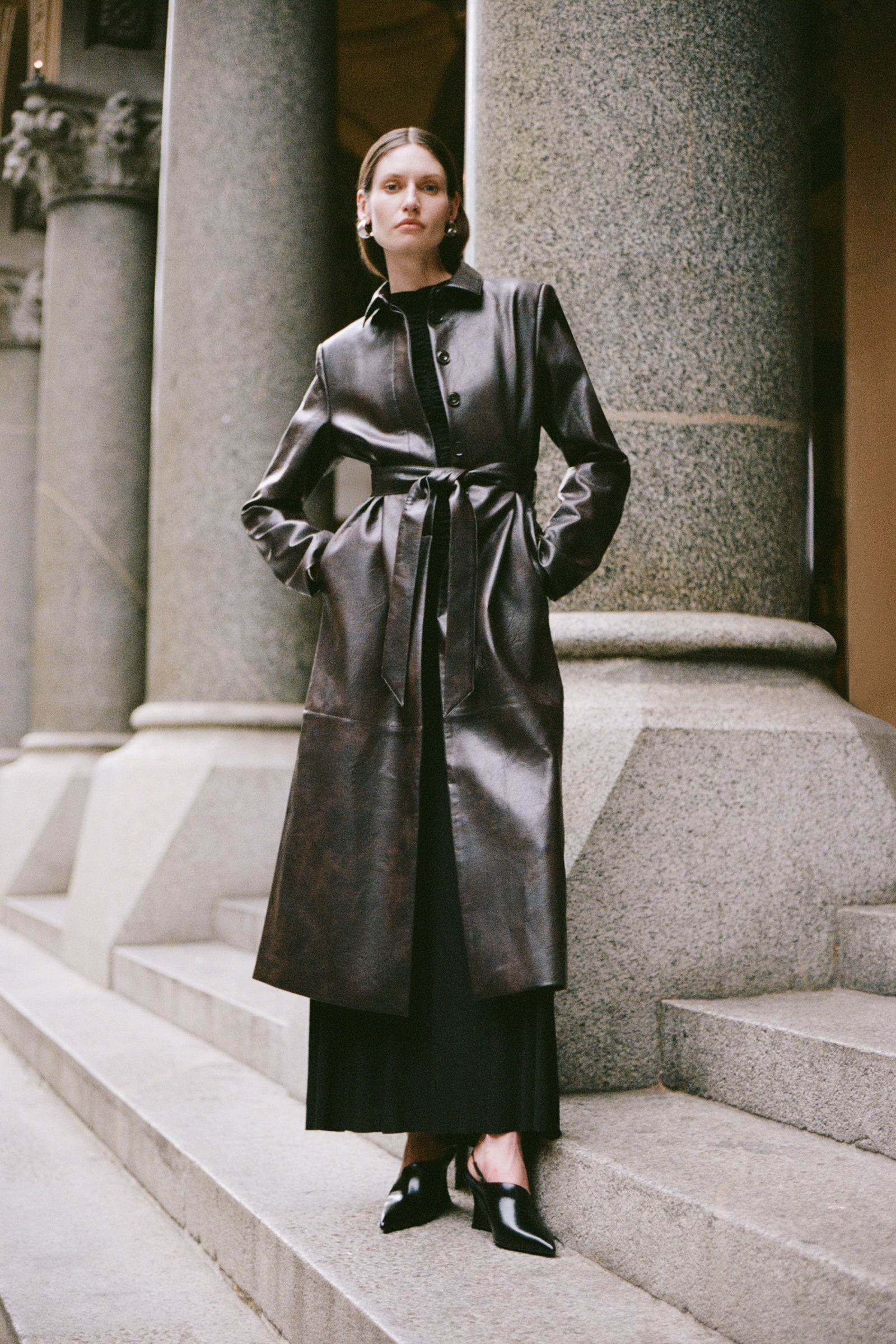 Innez Vegan Leather Trench Dark Chocolate 