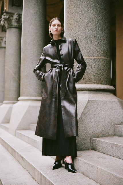 Innez Vegan Leather Trench Dark Chocolate 