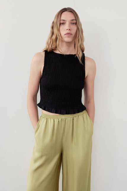 Greta Shirred Poplin Top Black 