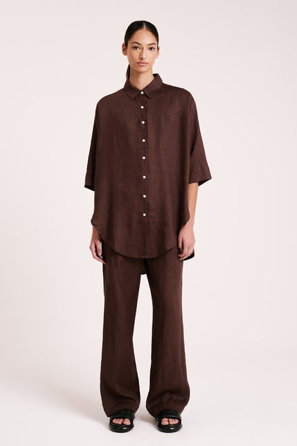 LOUNGE LINEN LONGLINE SHIRT & PANT SET-Chico