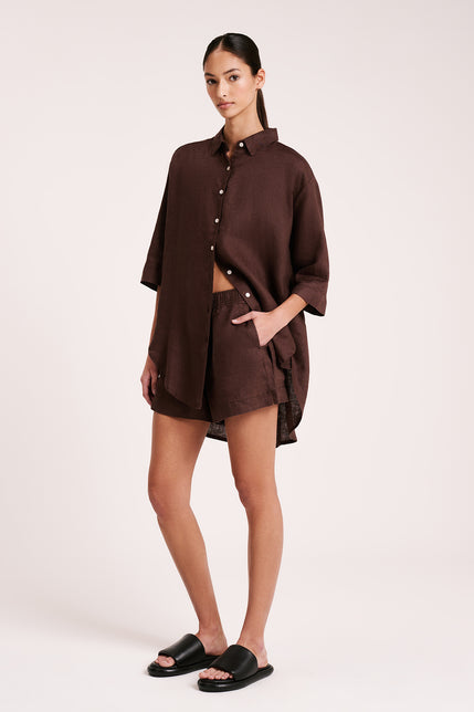 LOUNGE LINEN LONGLINE SHIRT & SHORT SET-Chico