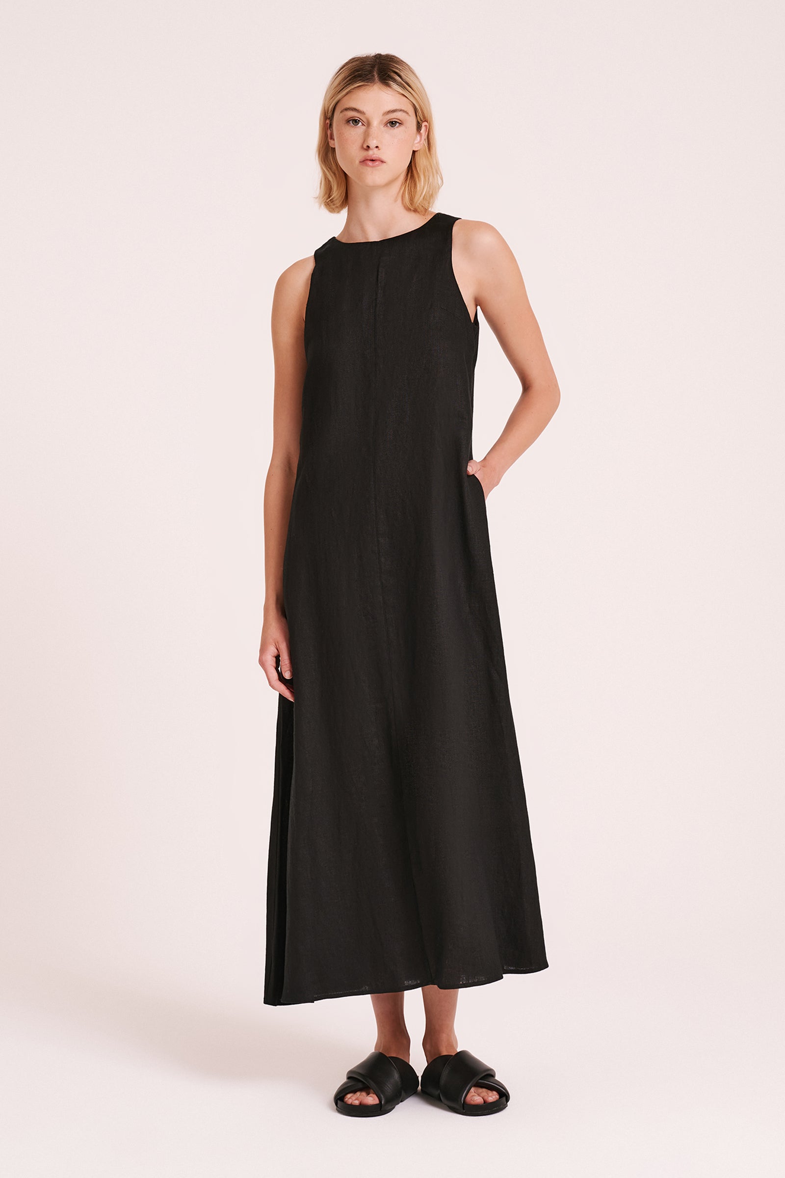 Shop Desi Linen Maxi Dress in Black Nude Lucy