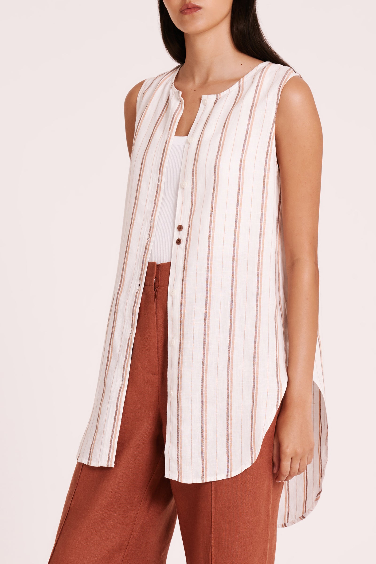 Aisha Linen Sleeveless Shirt Amber Stripe 