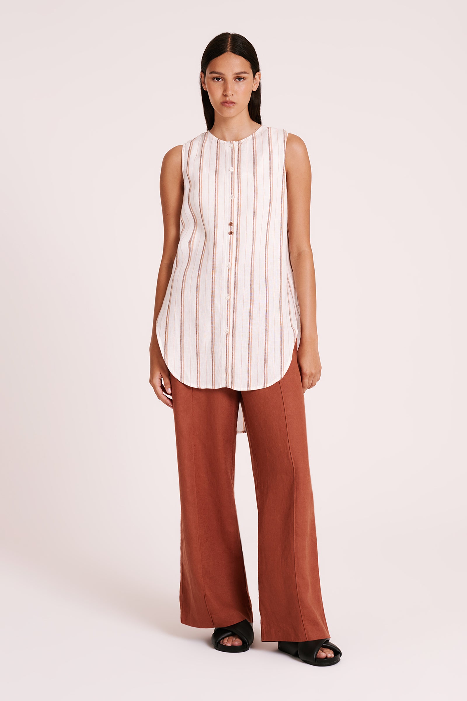 Aisha Linen Sleeveless Shirt Amber Stripe 