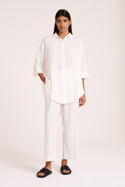 LOUNGE LINEN LONGLINE SHIRT & CROP PANT SET-White