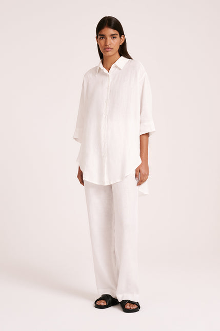 LOUNGE LINEN LONGLINE SHIRT & PANT SET-White