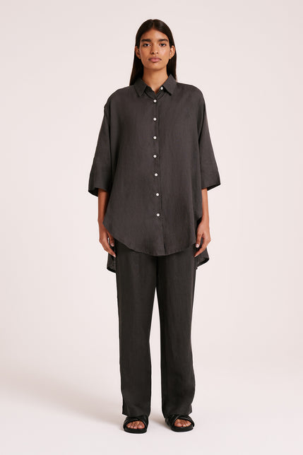 LOUNGE LINEN LONGLINE SHIRT & PANT SET-Coal