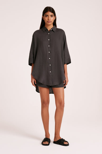 LOUNGE LINEN LONGLINE SHIRT & SHORT SET-Coal