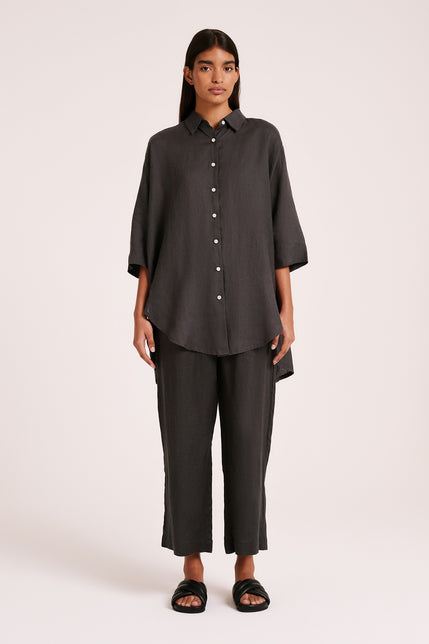 LOUNGE LINEN LONGLINE SHIRT & CROP PANT SET-Coal