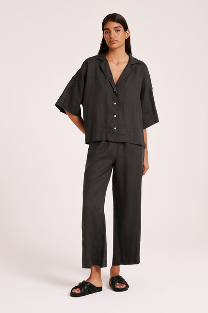LOUNGE LINEN SHIRT & CROP PANT SET-Coal