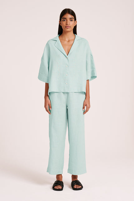 LOUNGE LINEN SHIRT & CROP PANT SET-Aqua