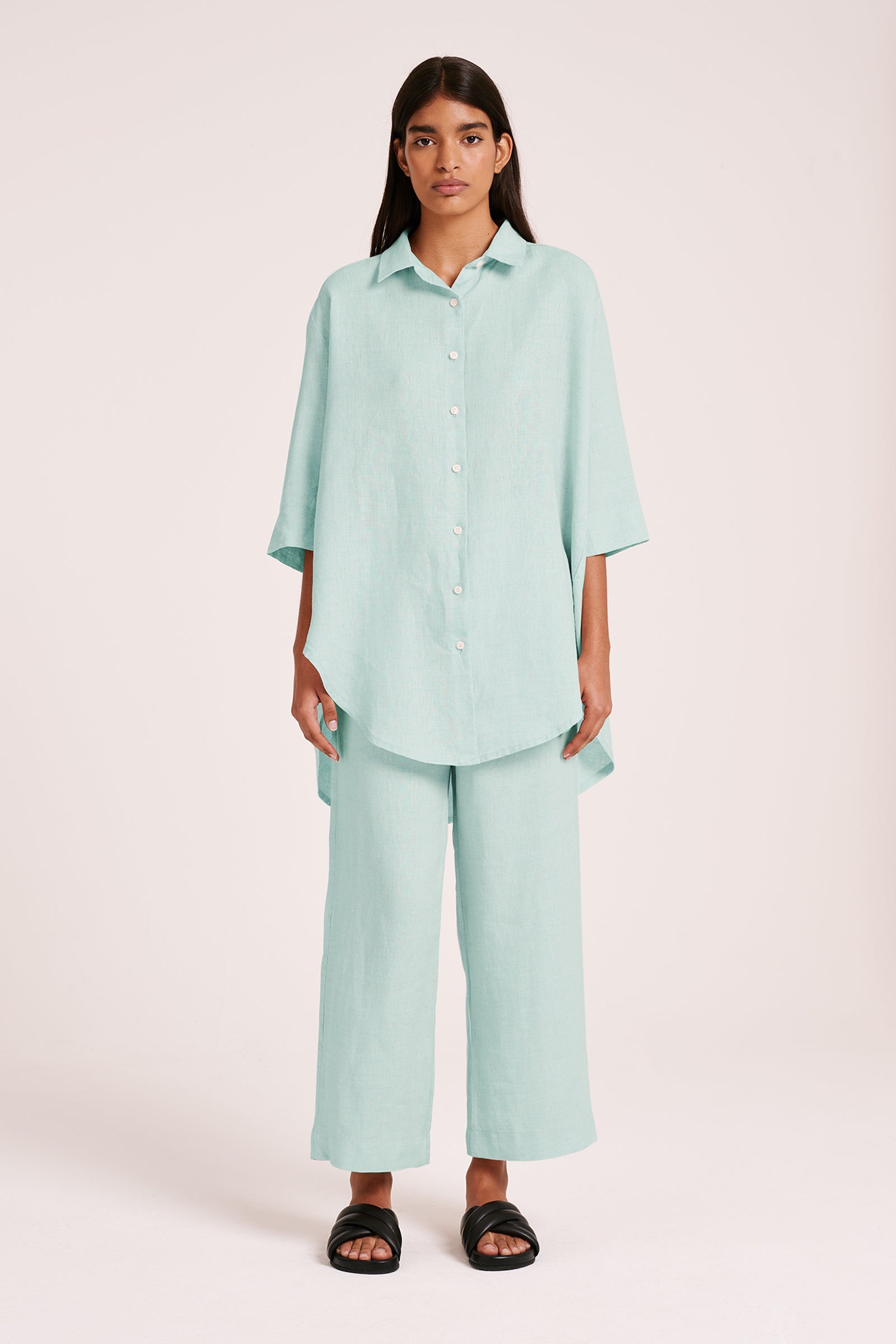 Lounge Linen Longline Shirt Aqua 