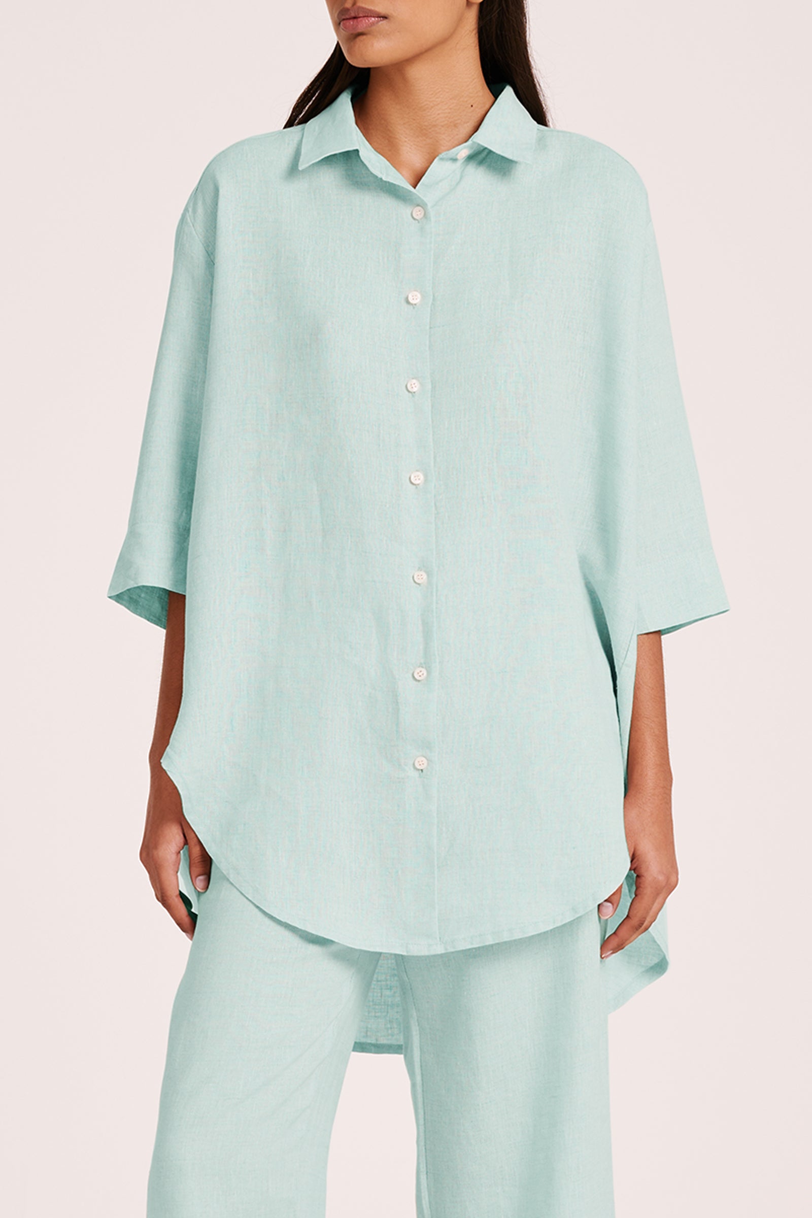 Lounge Linen Longline Shirt Aqua 