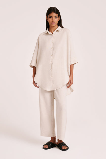 LOUNGE LINEN LONGLINE SHIRT & CROP PANT SET-Washed Olive