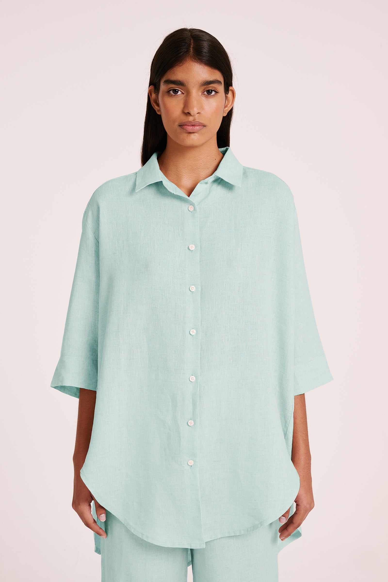 Lounge Linen Longline Shirt Aqua 