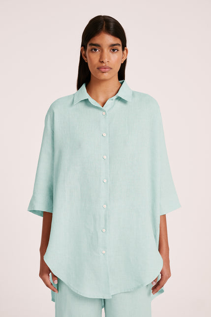 LOUNGE LINEN LONGLINE SHIRT-Aqua