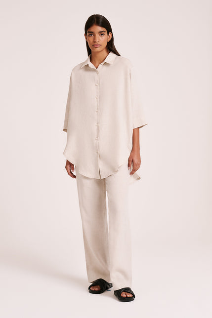 LOUNGE LINEN LONGLINE SHIRT & PANT SET-Coal