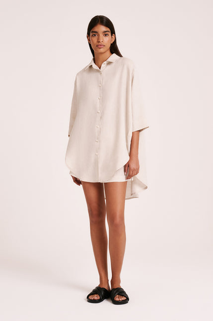 LOUNGE LINEN LONGLINE SHIRT & SHORT SET-White