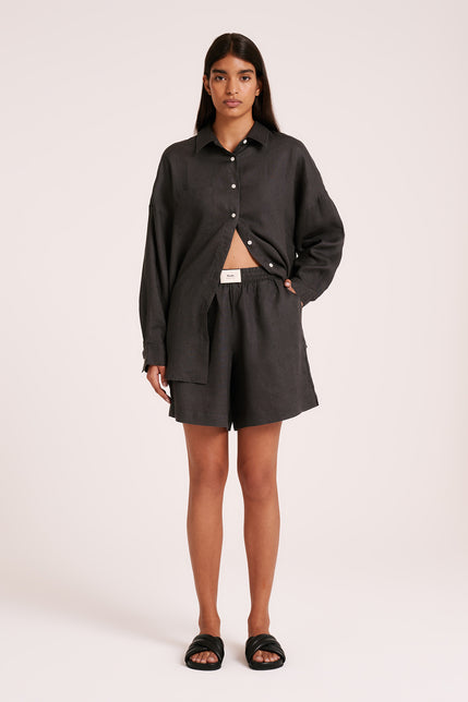 LOUNGE LINEN HERITAGE SHIRT & SHORT SET-Coal