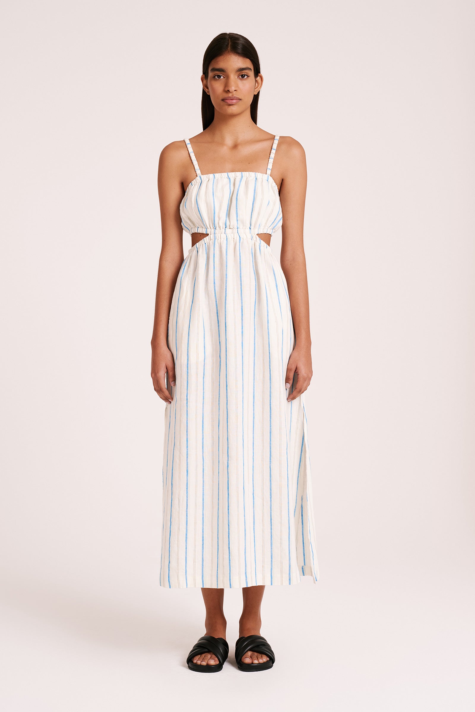 Shop Yin Linen Dress in Azure stripe | Nude Lucy Shop Yin Linen Dress in Azure stripe | Nude Lucy