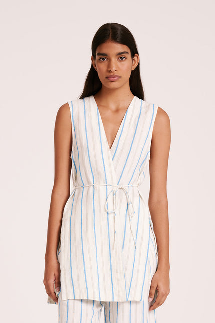 YIN LINEN VEST-Azure Stripe