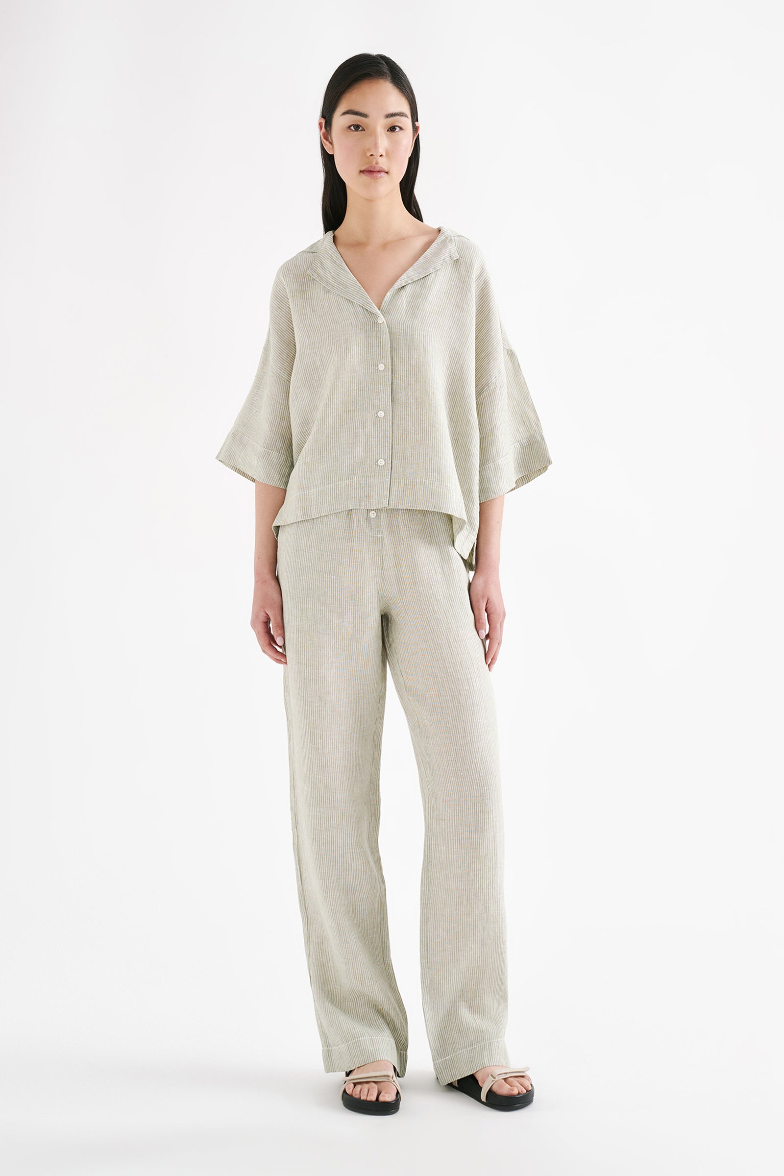 Lounge Stripe Linen Shirt Sage Stripe 