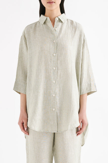 Lounge Stripe Linen Longline Shirt Sage Stripe 