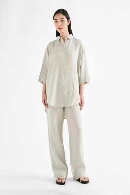 Lounge Stripe Linen Longline Shirt Sage Stripe 
