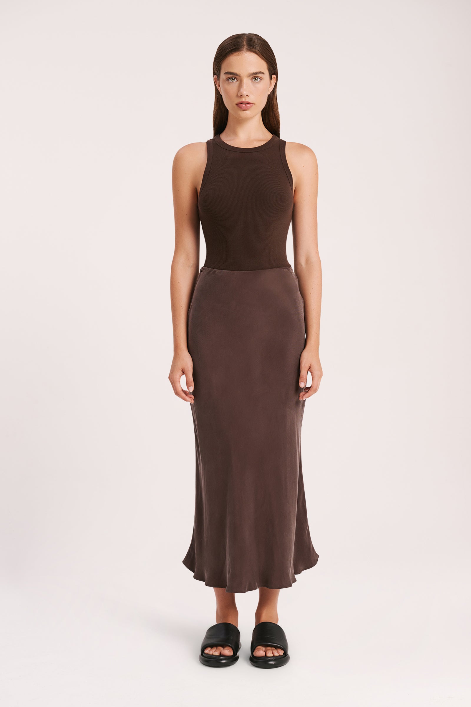Nude Lucy Harlow Cupro Midi Skirt In A Brown Cinder Colour 