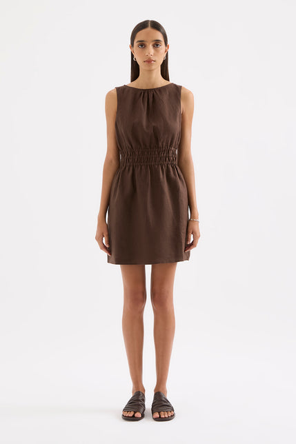 Andri Linen Mini Dress Chocolate 