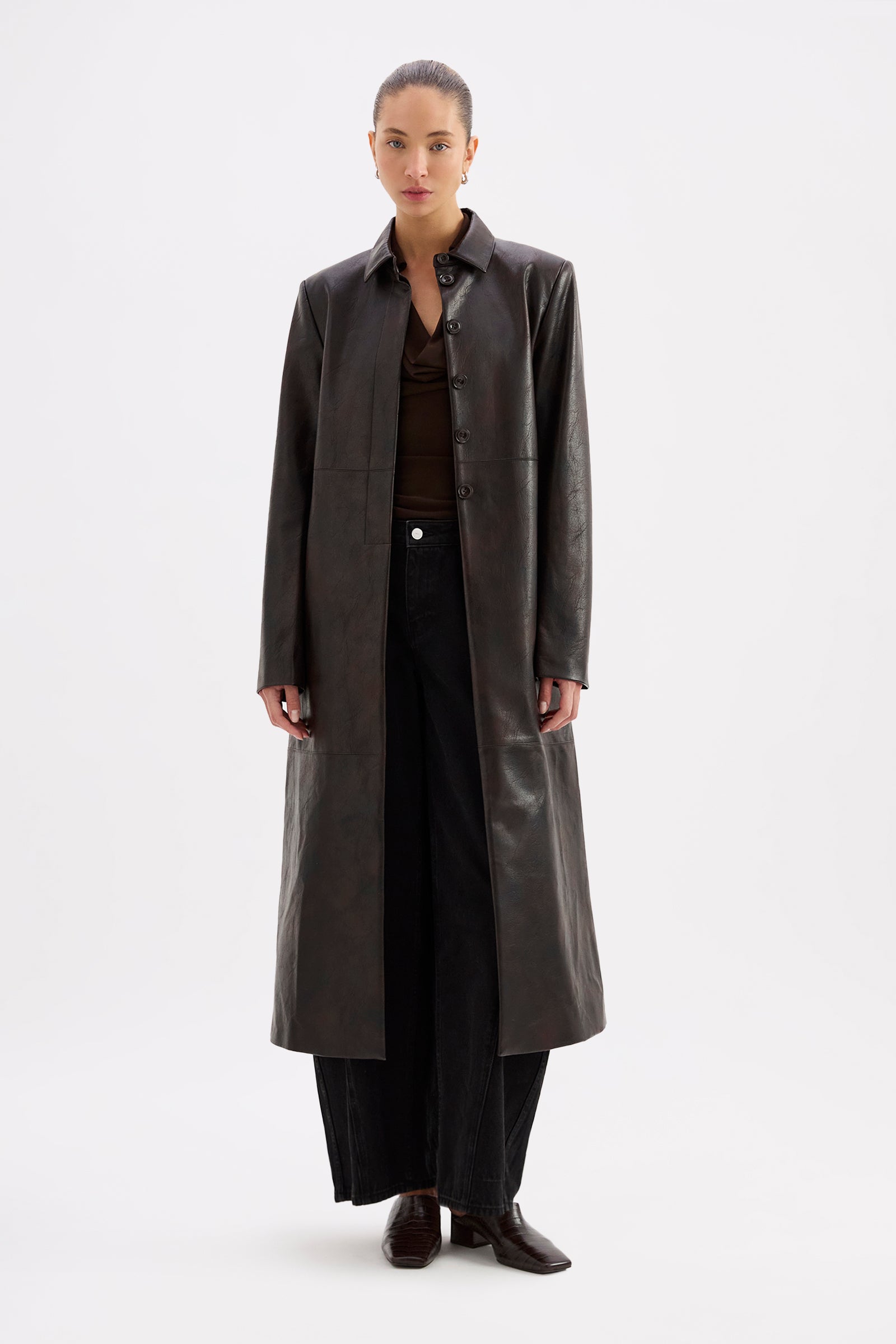 Innez Vegan Leather Trench Dark Chocolate 