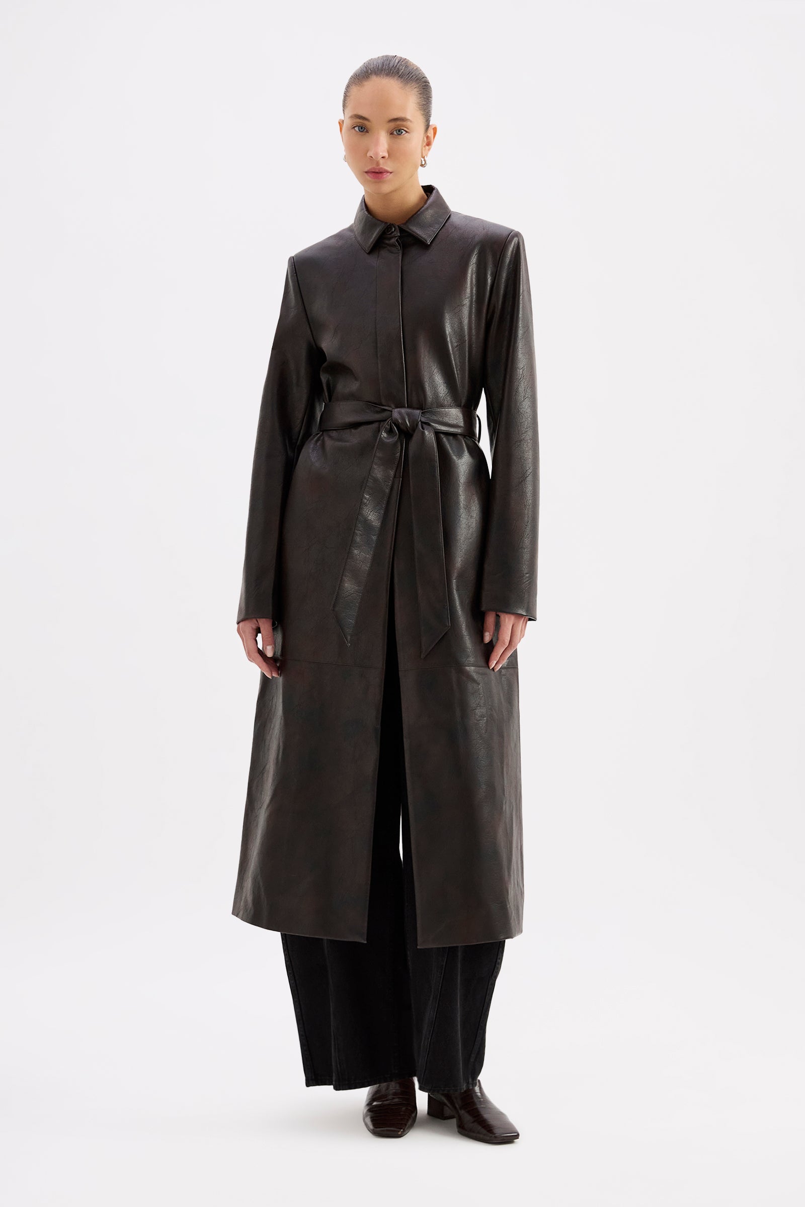 Innez Vegan Leather Trench Dark Chocolate 