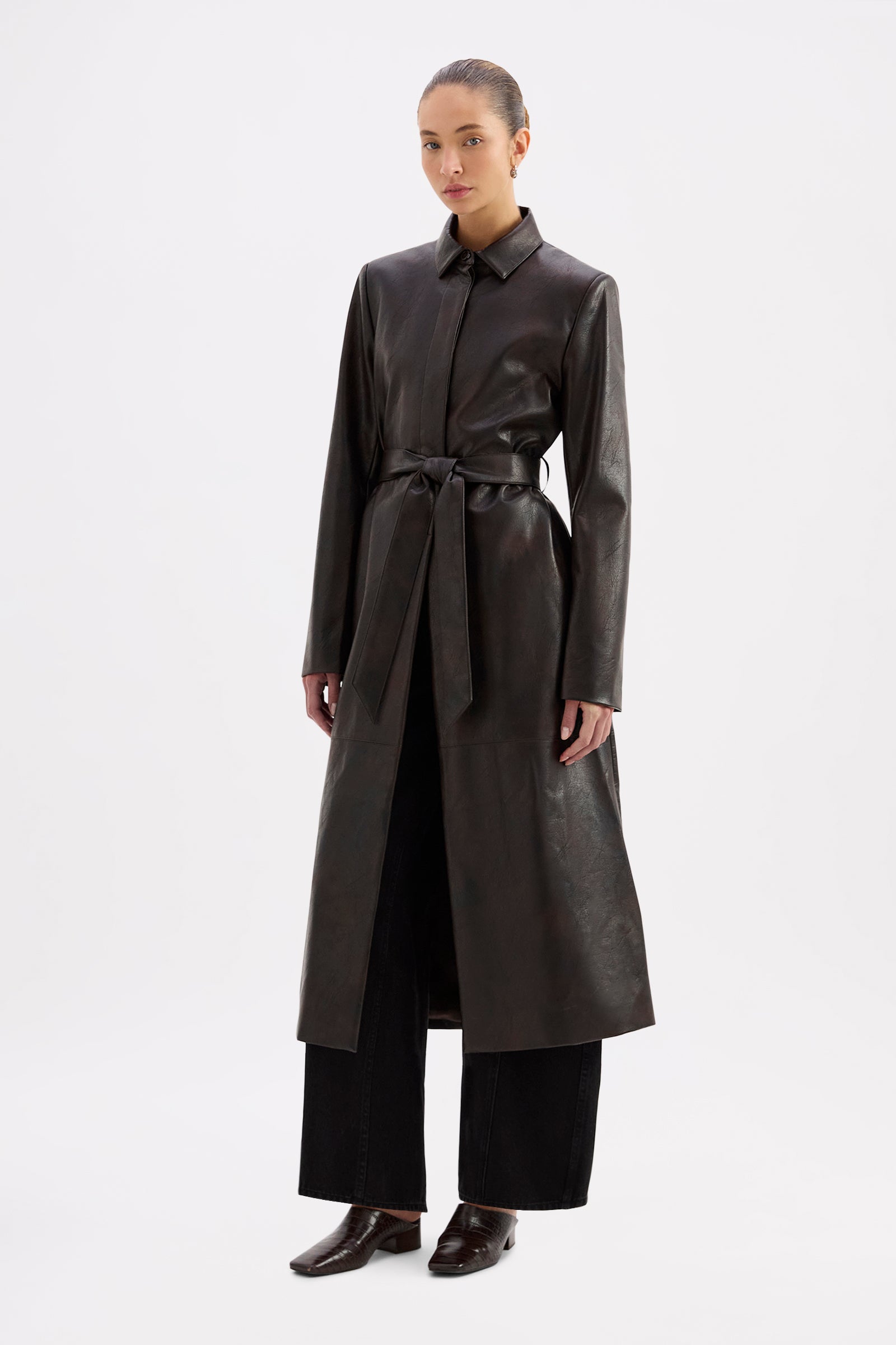 Innez Vegan Leather Trench Dark Chocolate 
