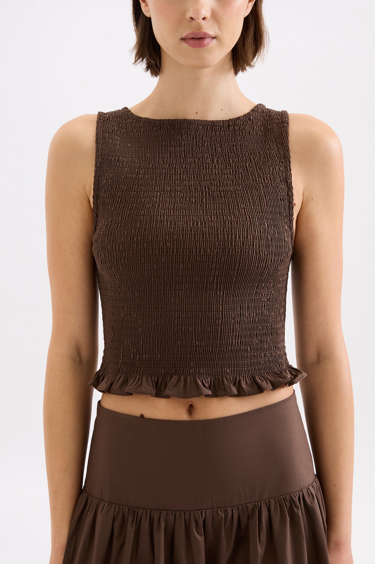 Greta Shirred Poplin Top Chocolate 
