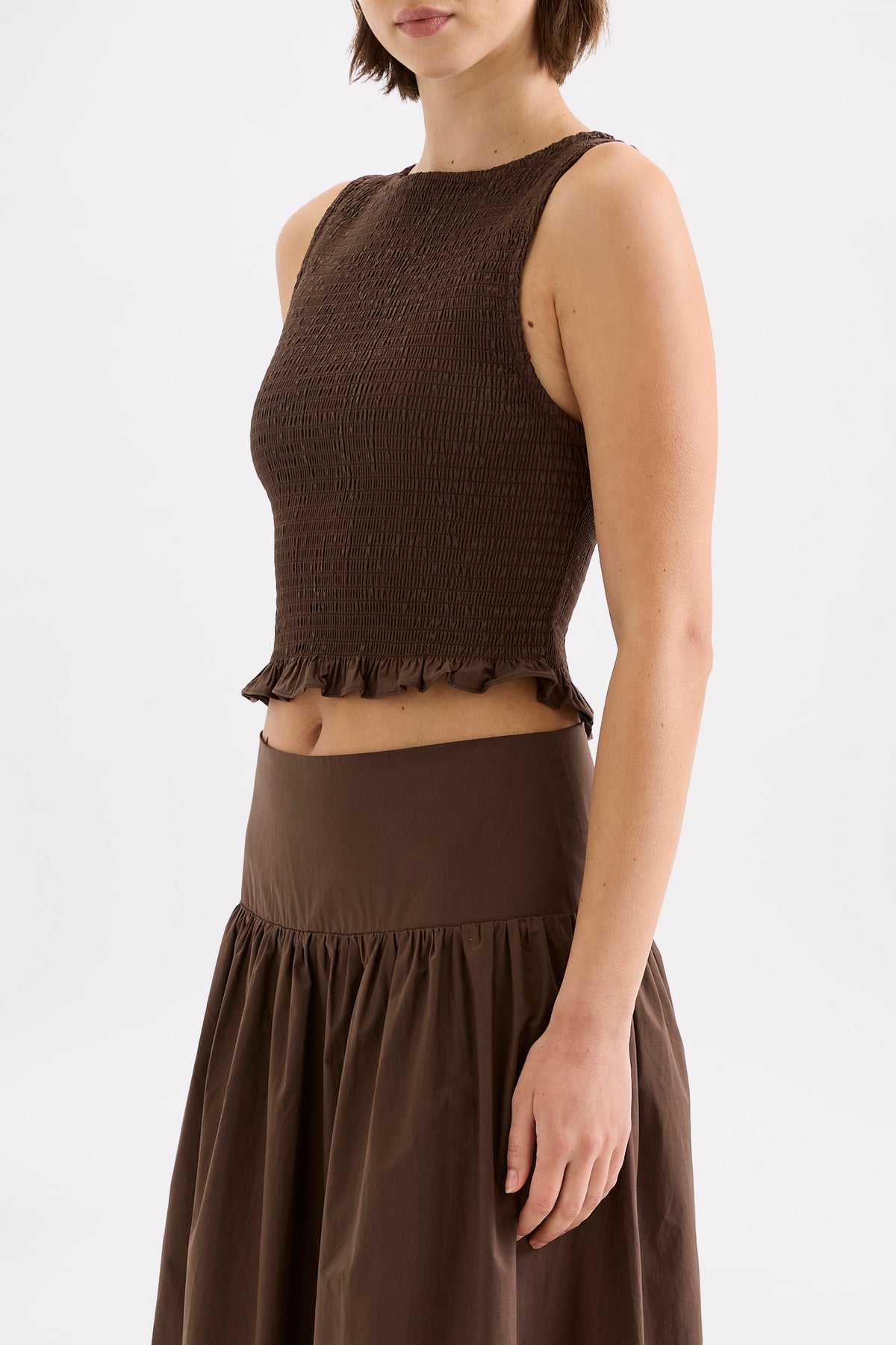 Greta Shirred Poplin Top Chocolate 