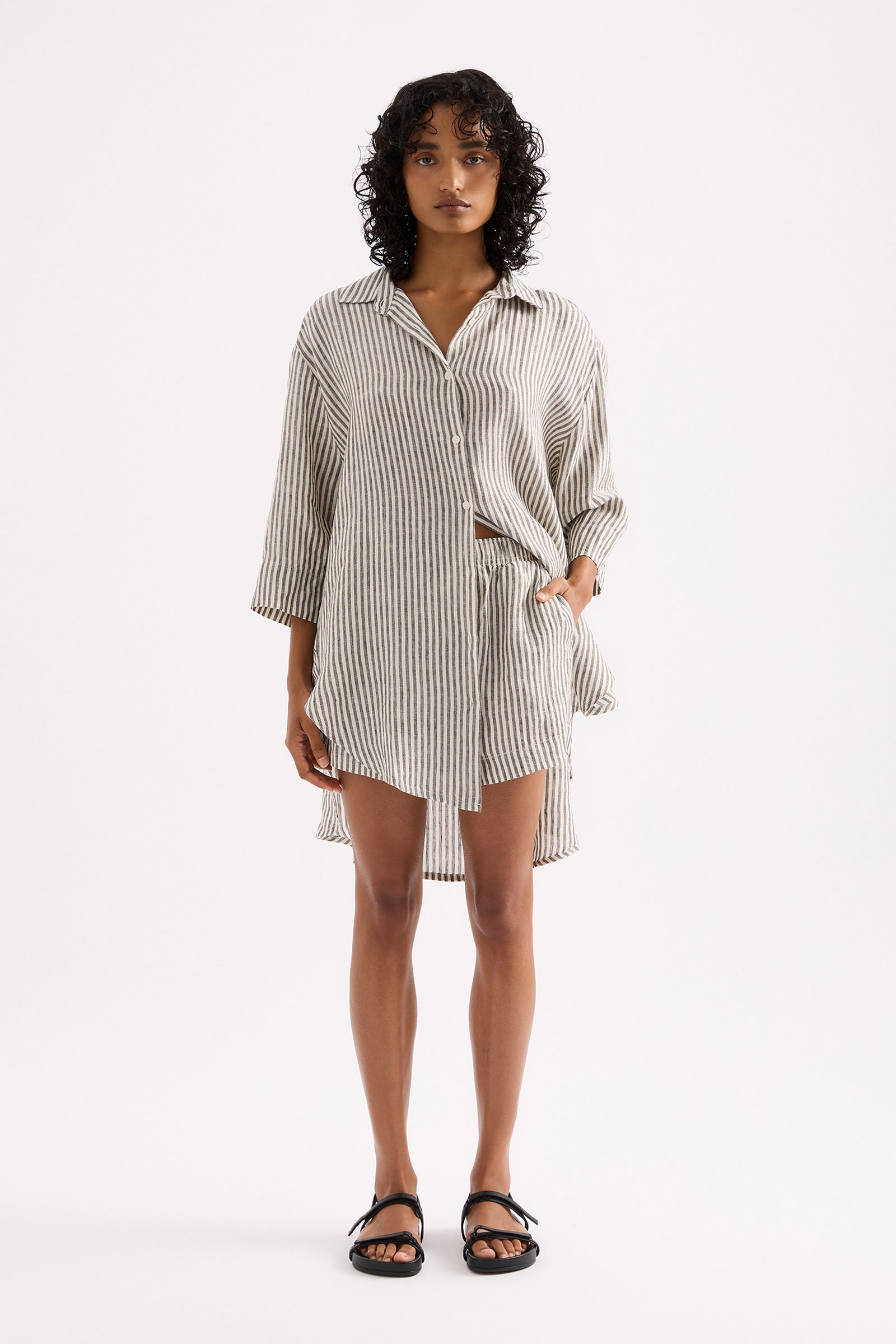 Lounge Stripe Linen Longline Shirt Black Stripe 