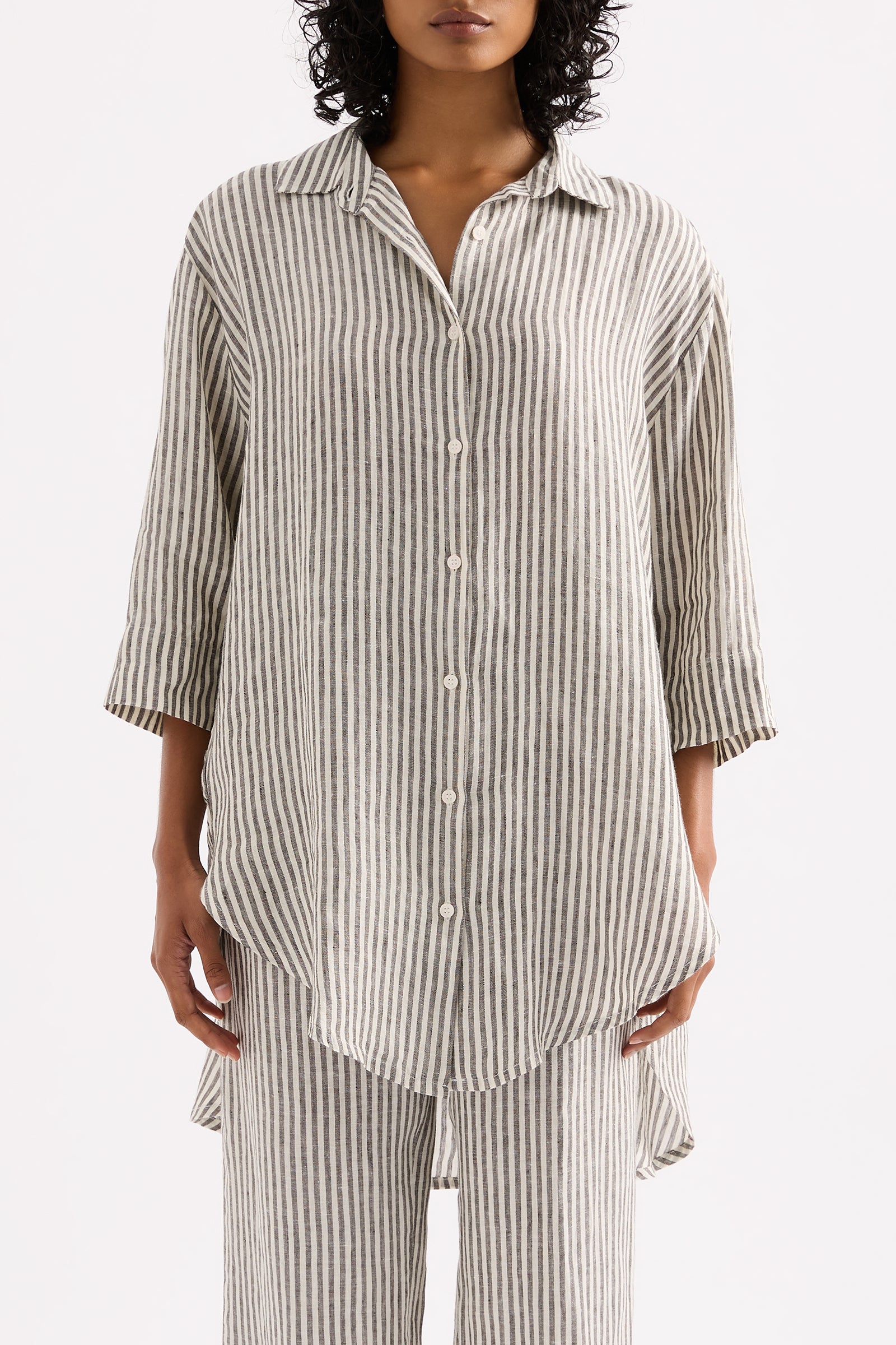 Lounge Stripe Linen Longline Shirt Black Stripe 