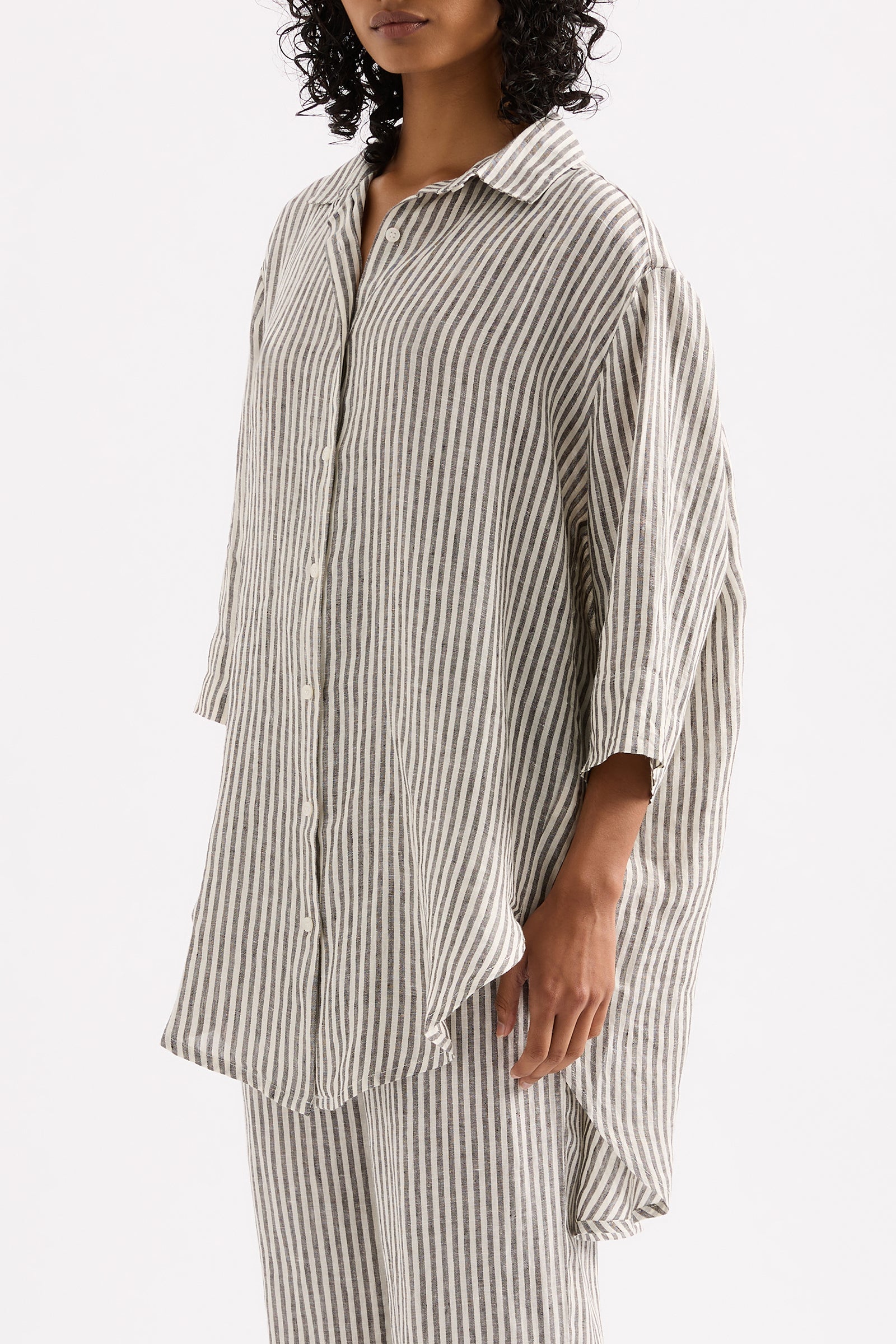 Lounge Stripe Linen Longline Shirt Black Stripe 