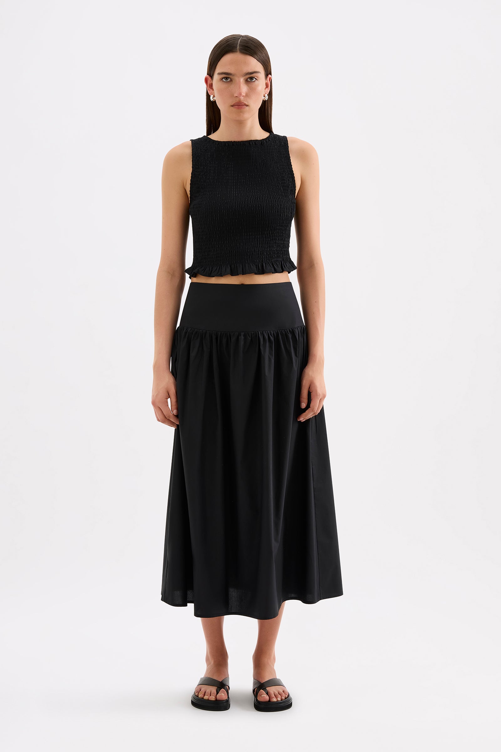 Greta Shirred Poplin Top Black 