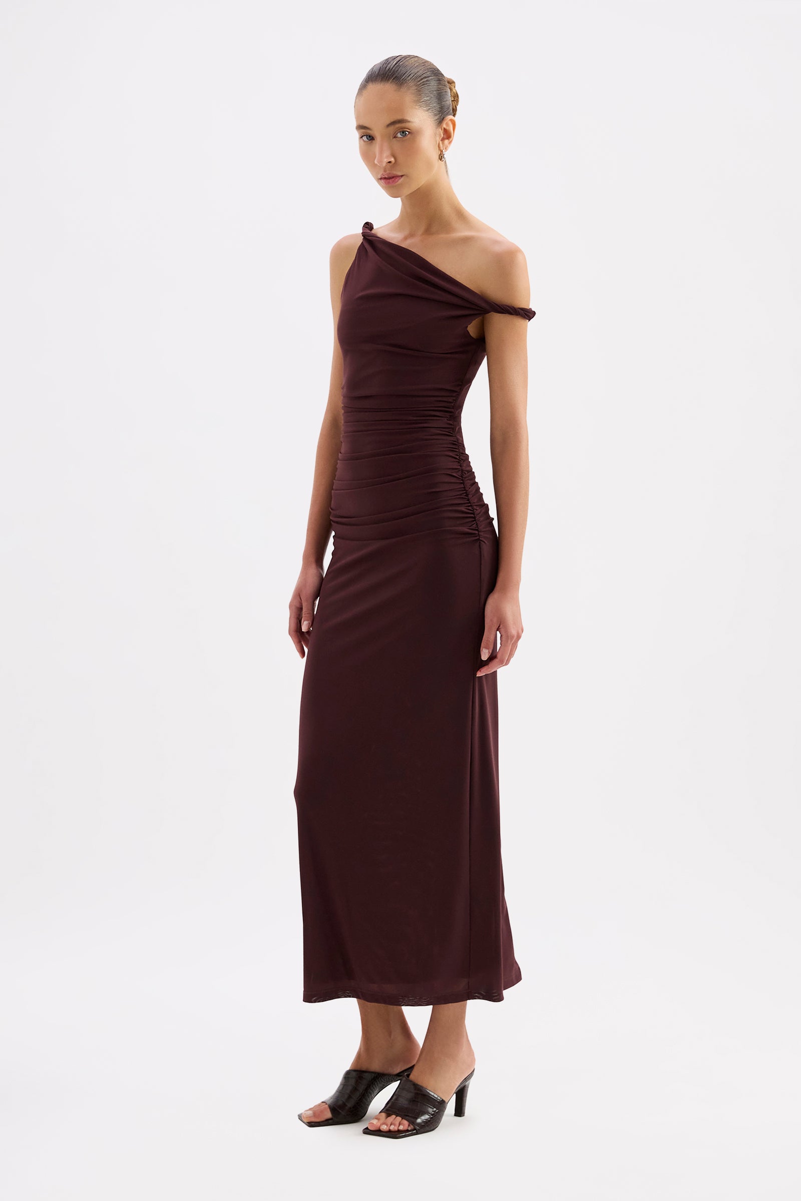 Siva Mesh Off Shoulder Dress Currant 