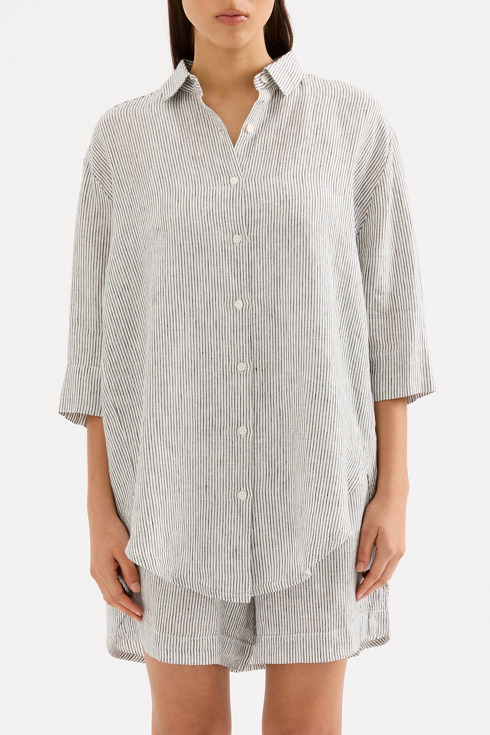 Lounge Stripe Linen Longline Shirt & Short Set 