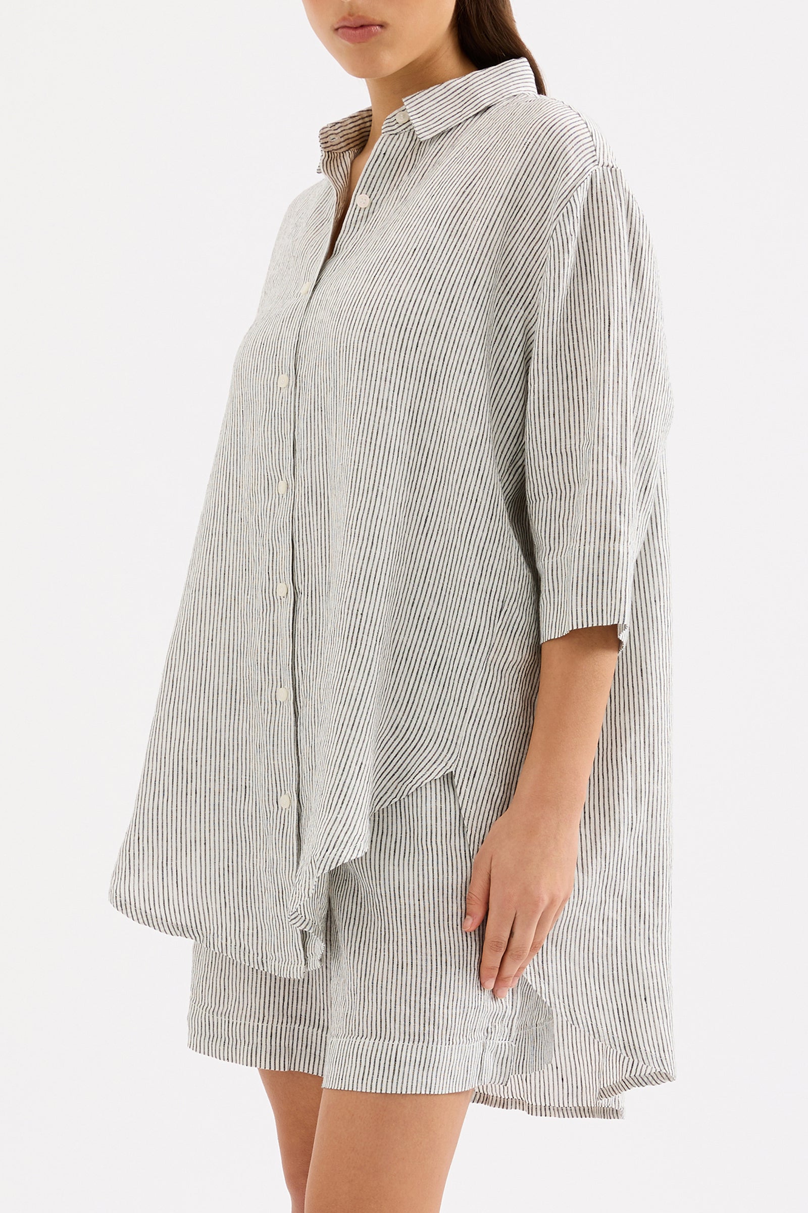 Lounge Stripe Linen Longline Shirt & Short Set 