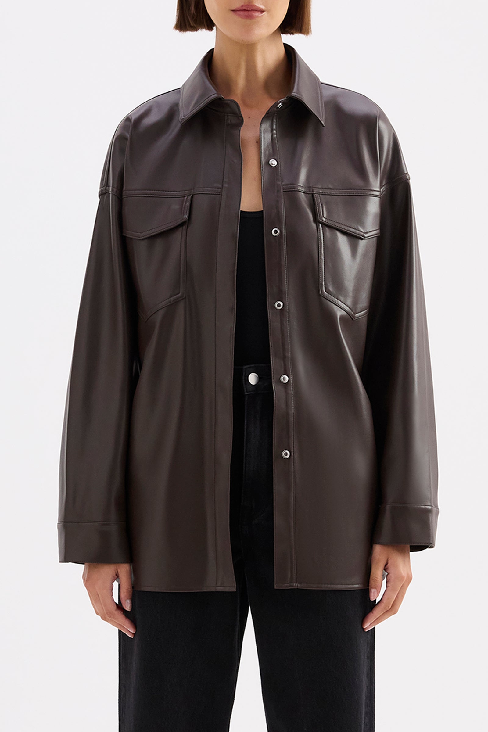 Camille Vegan Leather Overshirt Raisin 