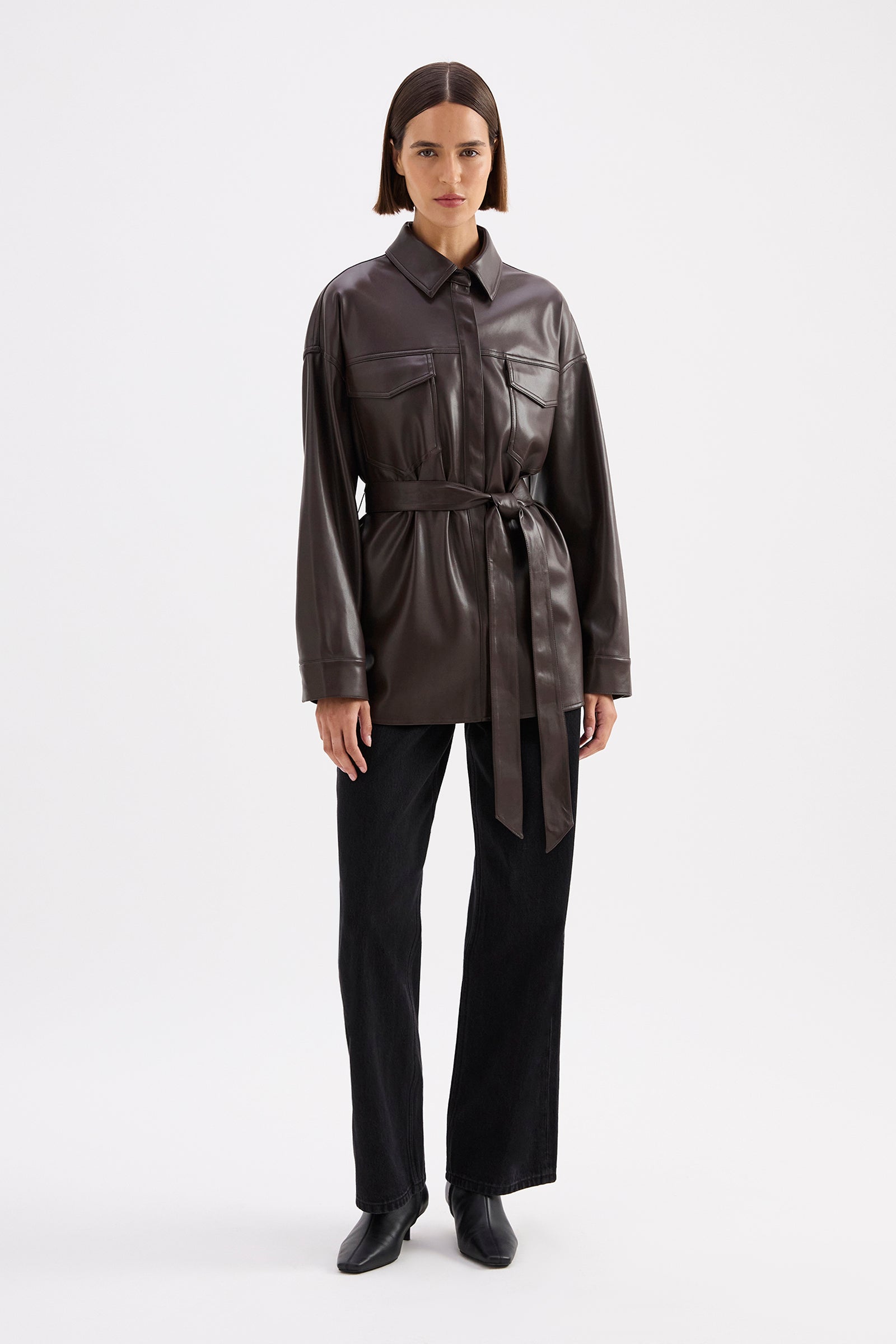 Camille Vegan Leather Overshirt Raisin 