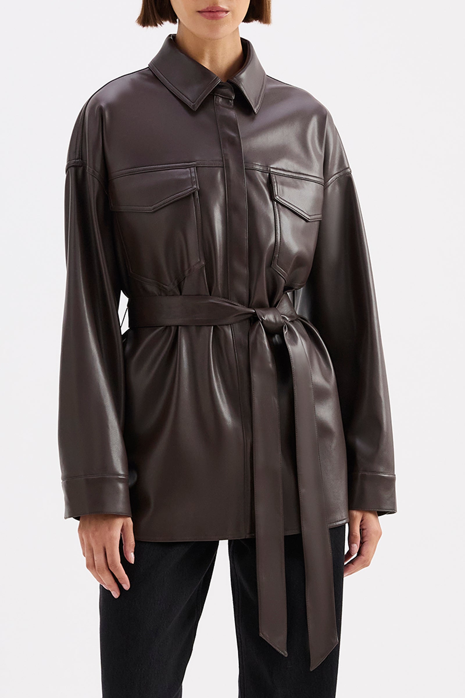 Camille Vegan Leather Overshirt Raisin 