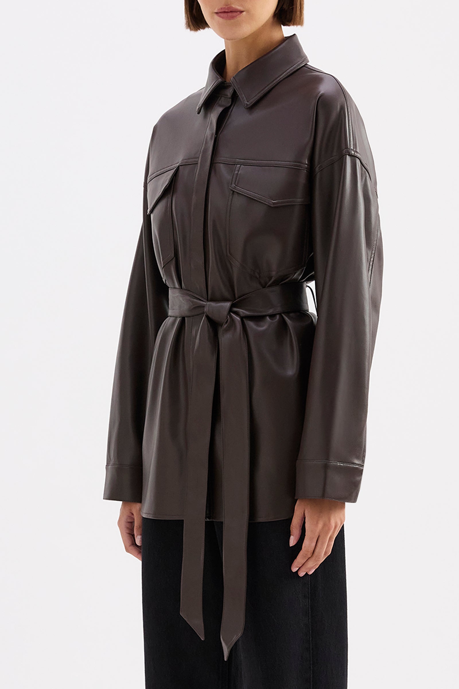 Camille Vegan Leather Overshirt Raisin 