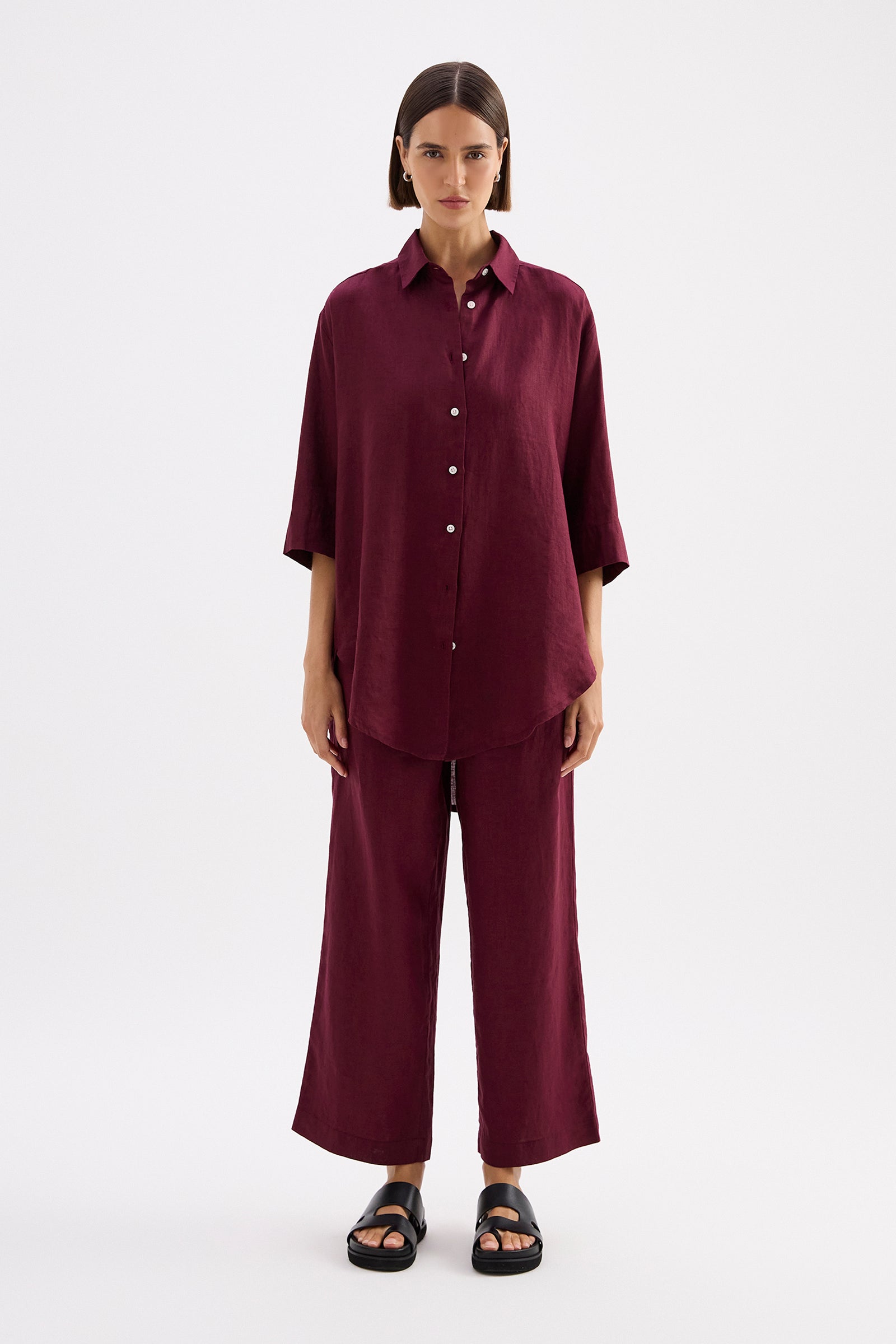 Lounge Linen Longline Shirt Merlot 